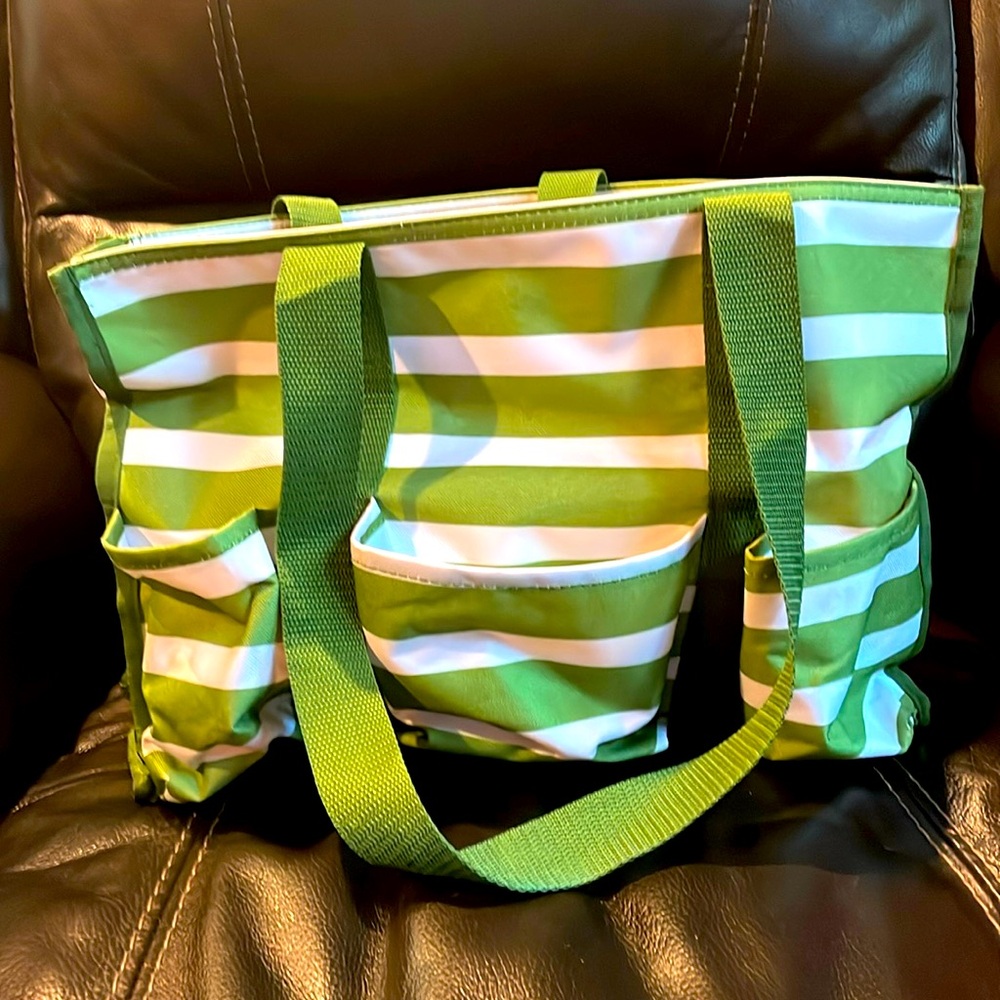 Thirty-One Green and White Striped Tote Bag